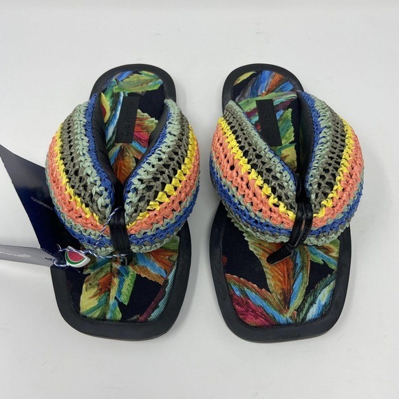Farm Rio Black Banana Puffy Fluffy Crochet Flip Flop Sandals Womens Size‎ 6 NWT - Picture 2 of 11